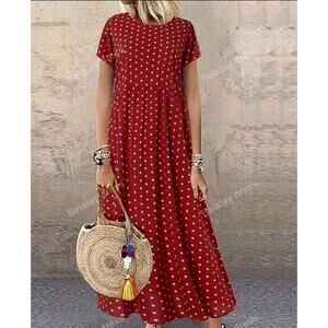 Women Short Sleeve Polka Dot Shirt Dress Summer Long Maxi Dress Sundress